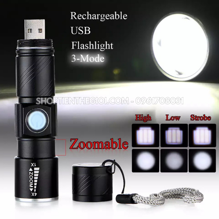 Đèn Pin Siêu Sáng Sạc USB Zoom 4x
